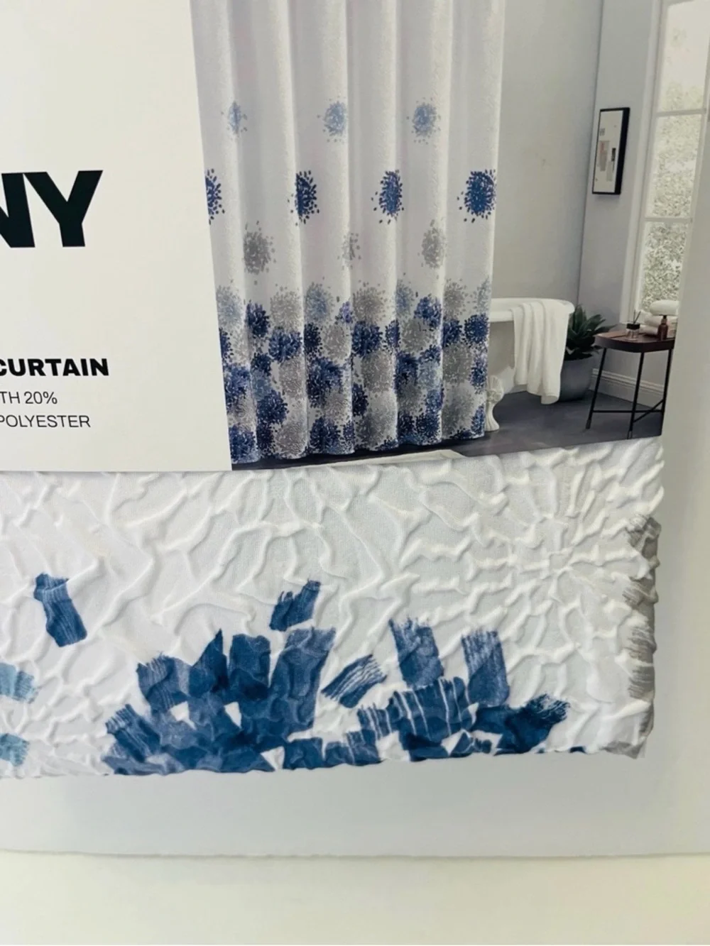 DKNY Brushstroke Floral Microsculpt Shower Curtain White Blue Gray 72” x 72”